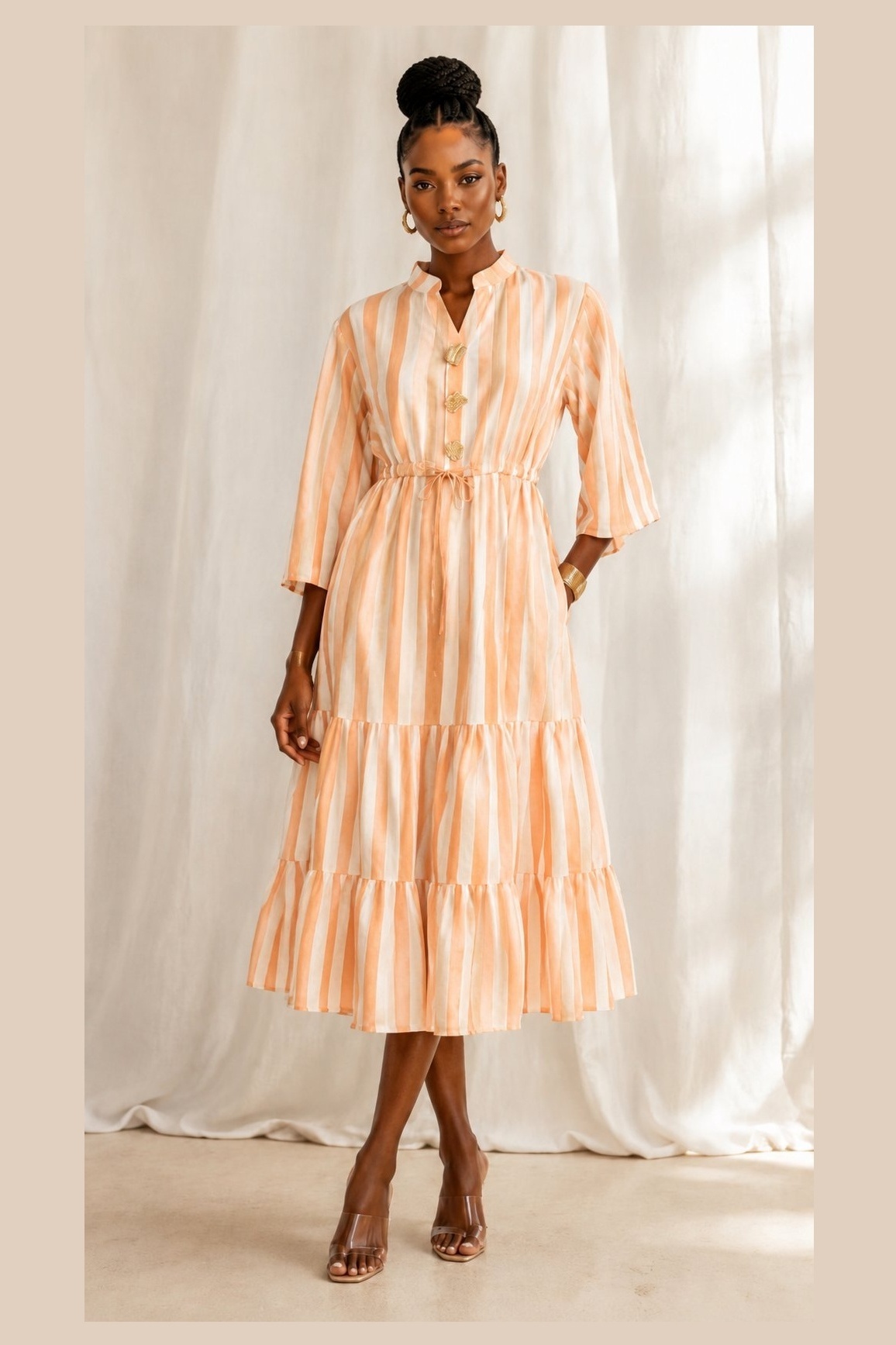 Striped Stand-Collar Ruffle Dress Orange Stripe
