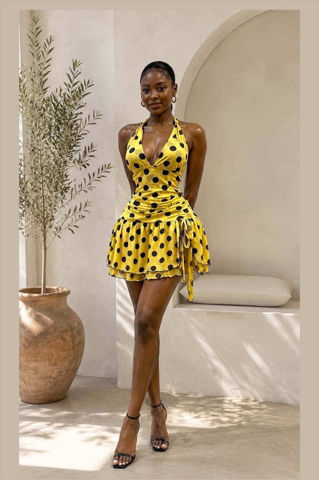 Polka Dot Halter Mini Dress Yellow