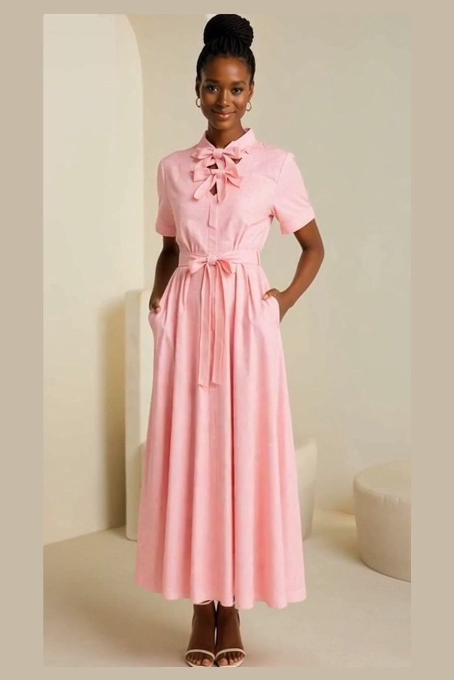 Pink Bow Tie Neck Short Sleeve Maxi Dress