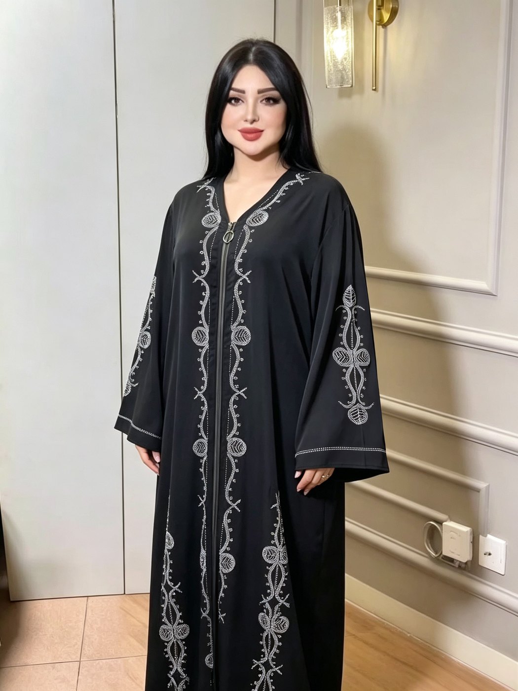 Black Silver Vine-Embroidered Abaya - Classic Black