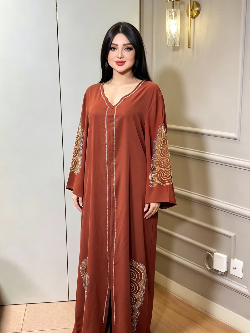 Rust Gold Spiral-Embroidered Kaftan - Rust Terracotta