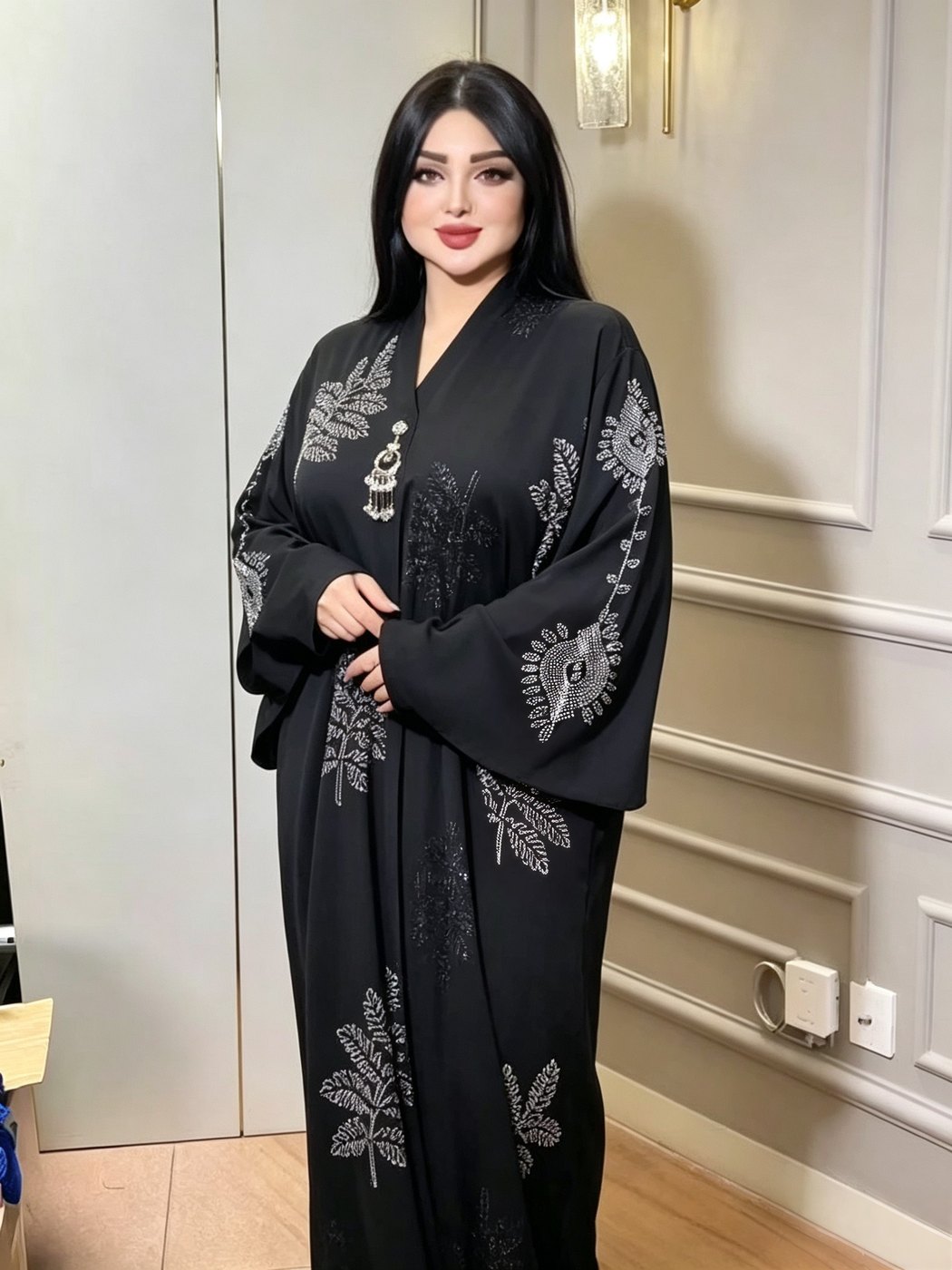 Black Silver Feather-Embroidered Abaya - Classic Black