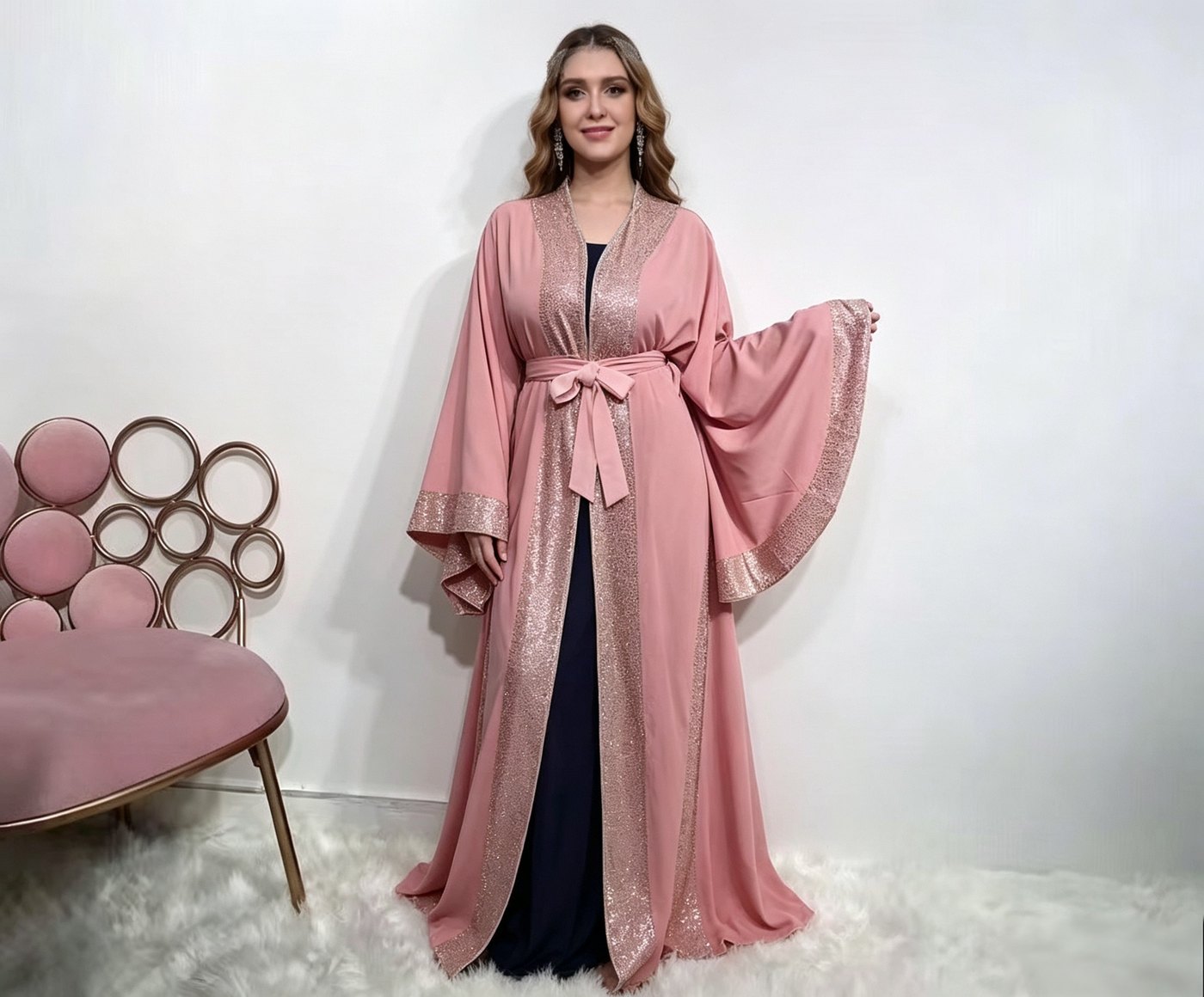 Blush Pink Sequin-Trim Open Abaya - Blush Pink
