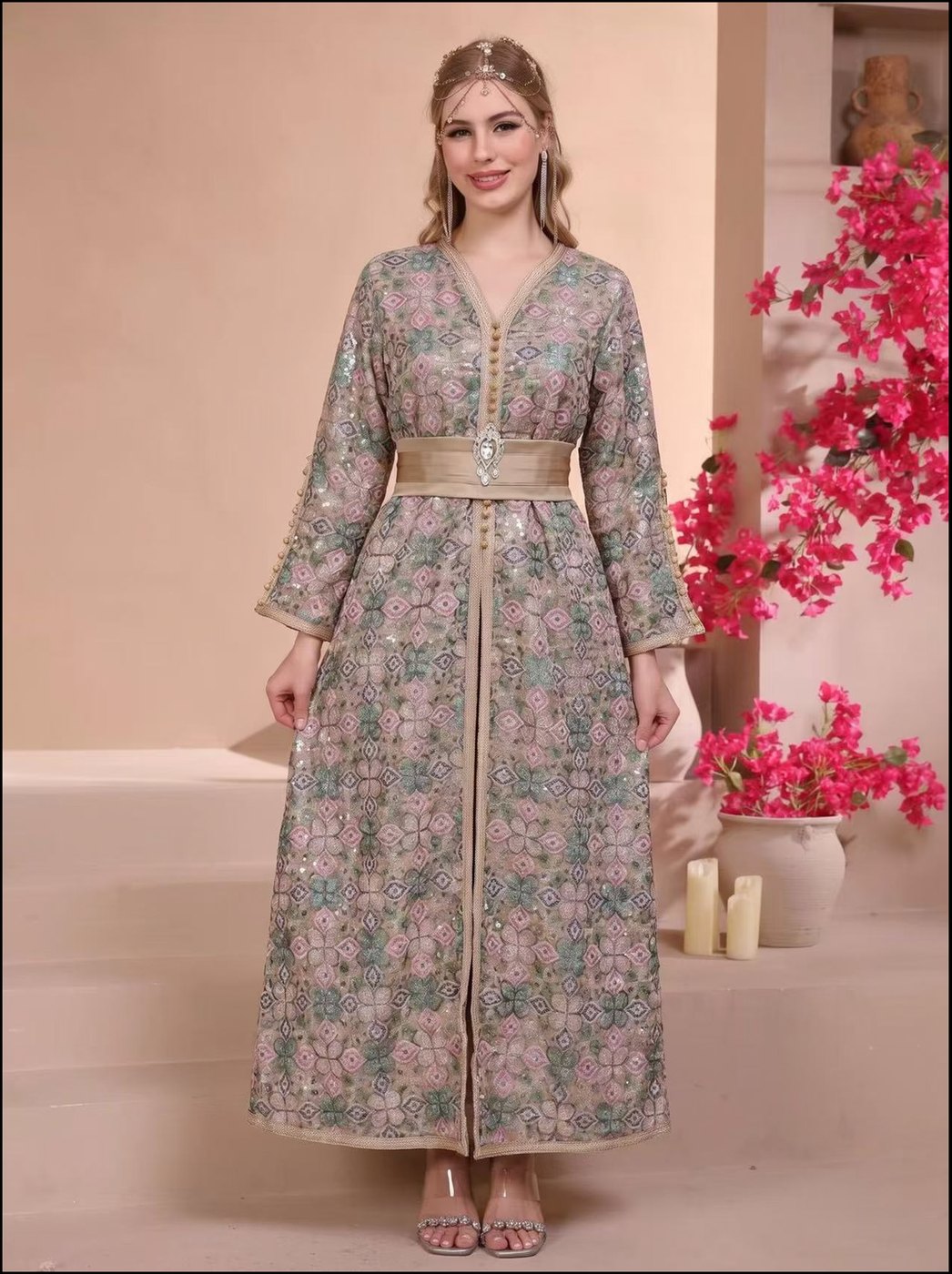 Sage Sequin Moroccan Kaftan - Sage Blush