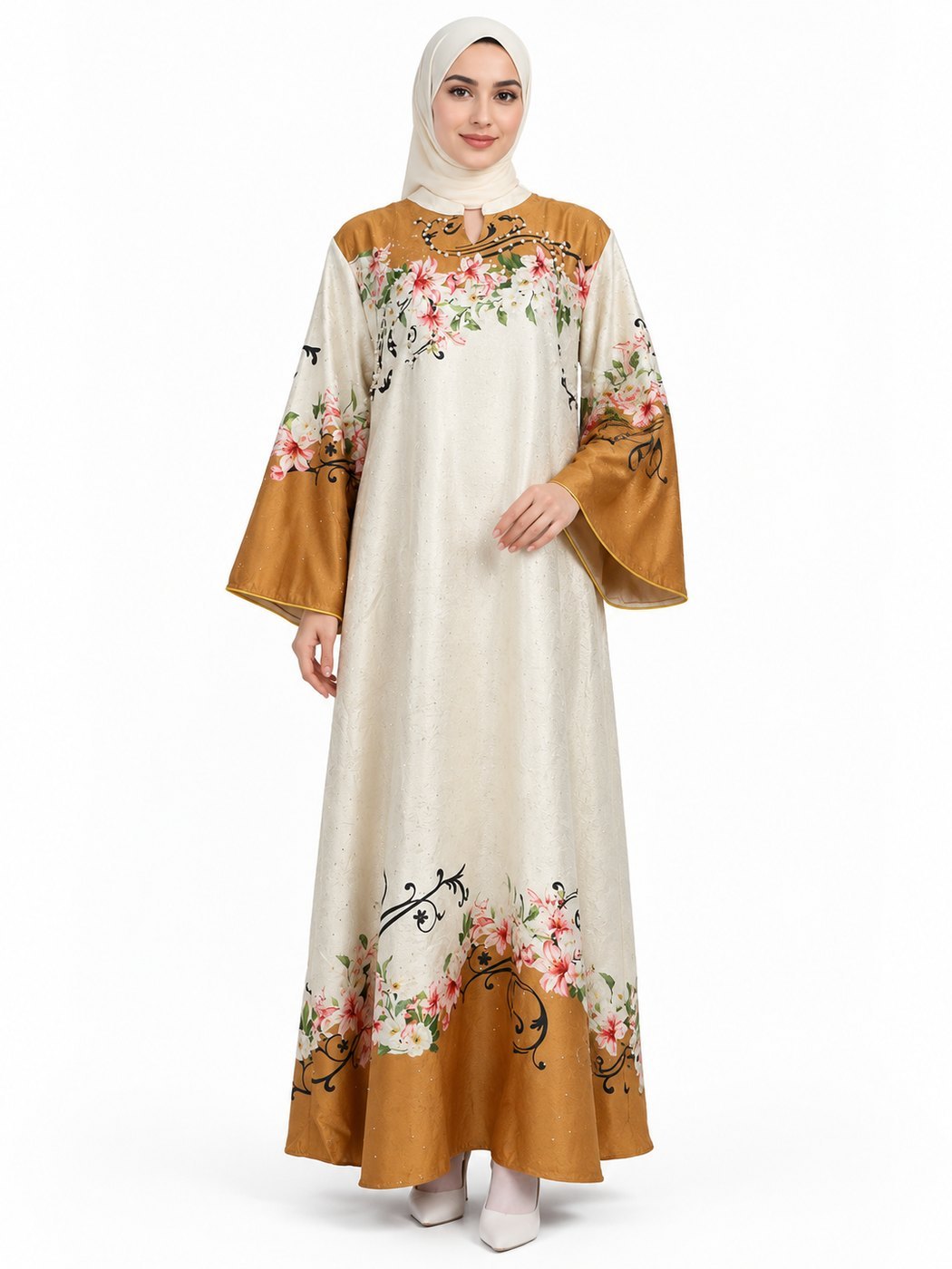 Ivory & Gold Blossom Pearl-Beaded Abaya