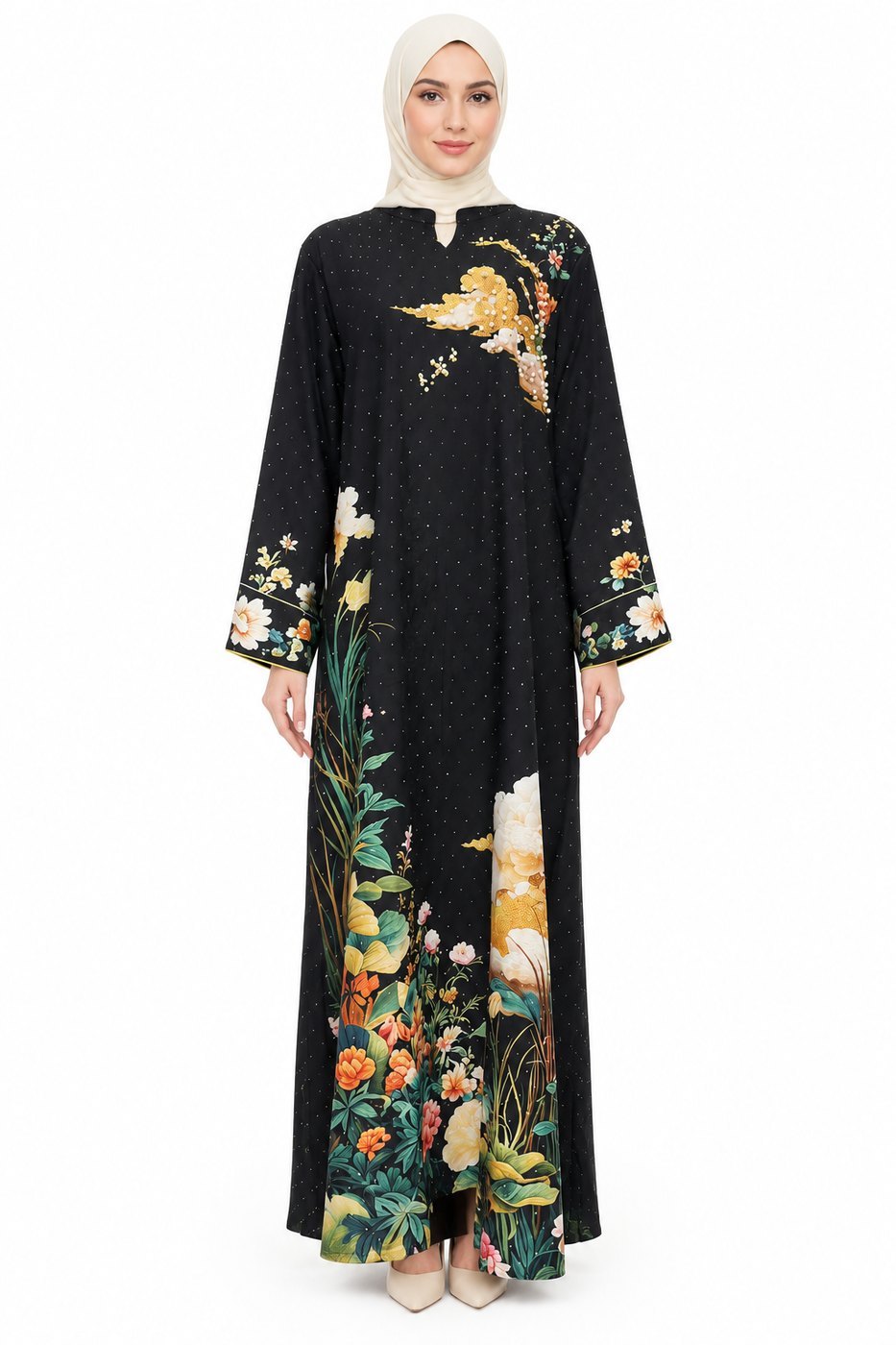 Black Gold Crane Embroidered Abaya