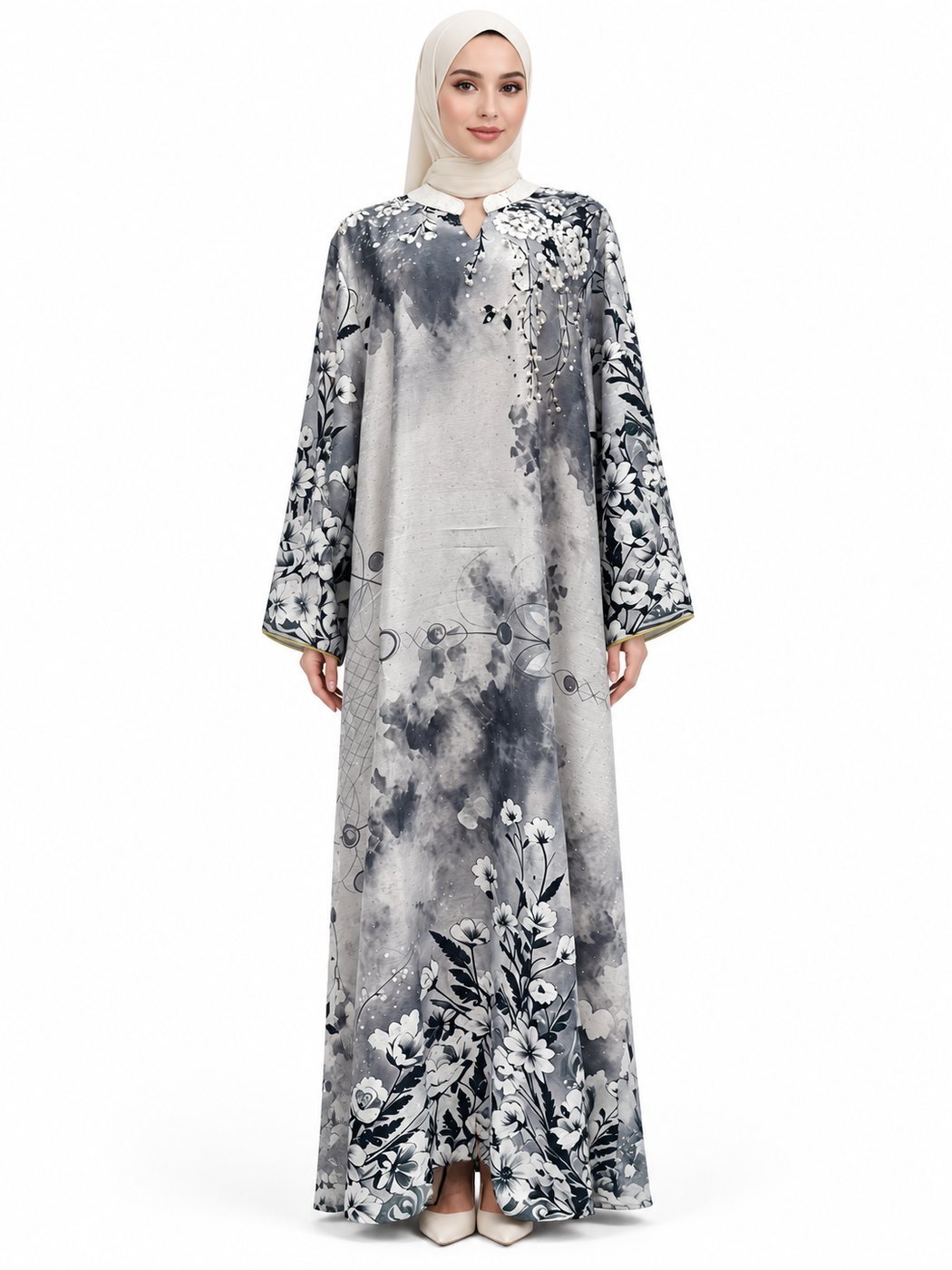 Ink-Wash Grey Floral Pearl Abaya