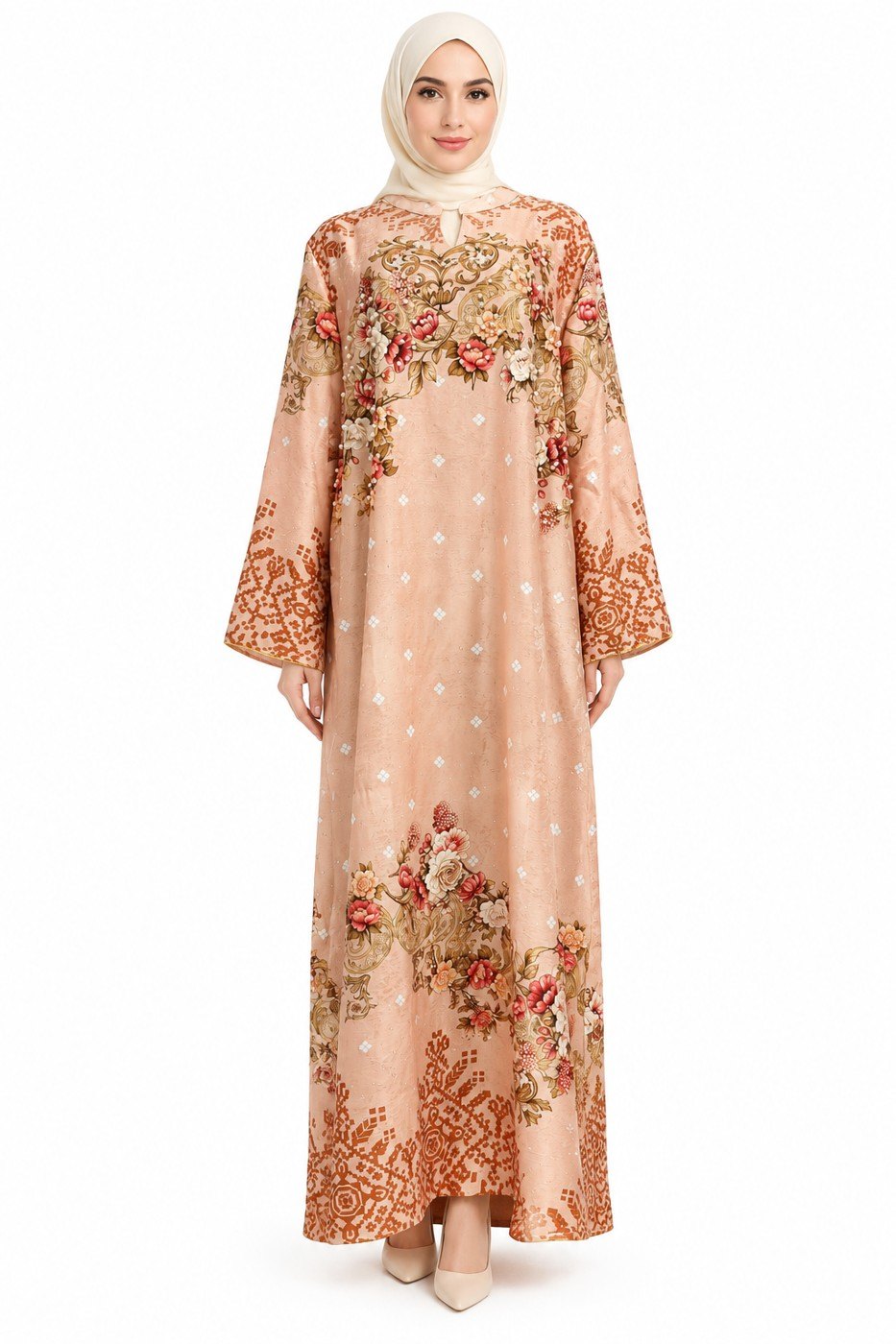 Peach Terracotta Damask Pearl Abaya